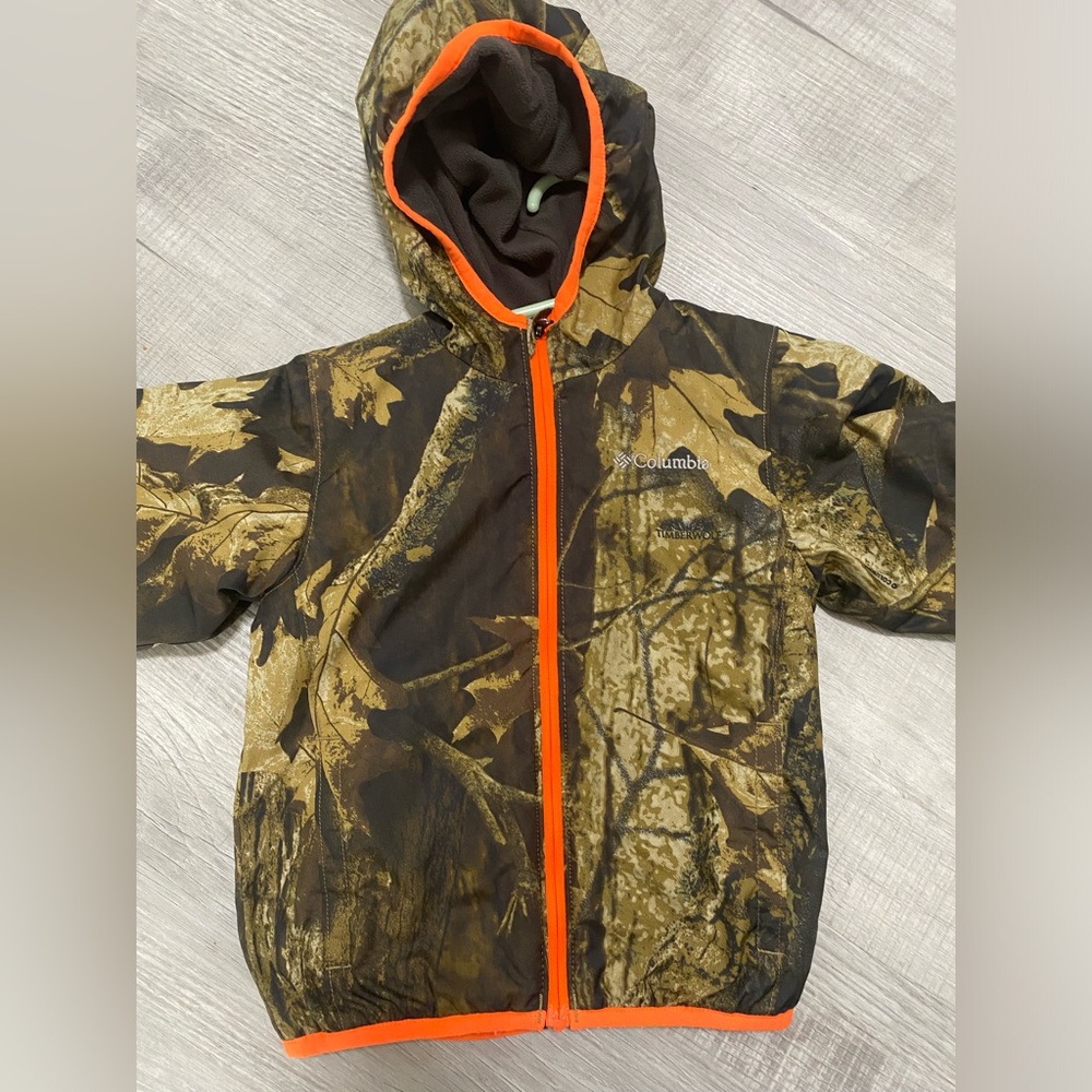 Columbia Camo Hooded Jacket with Orange Trim